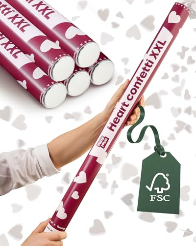 Partyjoker 5er Set Konfettikanone Herzen Weiß XXL für Hochzeit - Extra Groß & Extra viel Konfetti - FSC Konfetti - 5-8 Meter Konfettistrahl