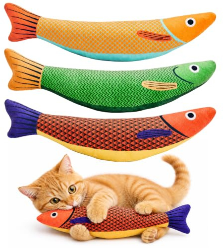 3 Jouets pour Chats Saury Fish, Poisson Saury Herbe à Chat 24cm | Poisson Interactif à l'herbe à Chat avec Clochette, Peluche Douce avec Son Froissé pour Chats d’Intérieur