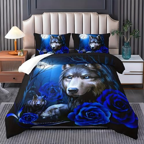 Generico Piumino Singolo Lupo Grigio Trapunte Rosa Blu Piumone Imbottito Resistente Lavabile, Super Morbida Trapunta, Piumini 160x245 cm in Microfibra Reversibile e 2 Federa 50x80 cm L315