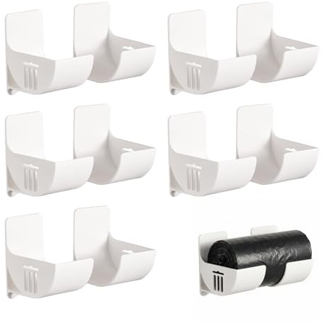 Wrbugukeji No Punching Garbage Bag Dispenser, 5 Pairs Self-Adhesive Aluminium Foil Holder, Garbage Bag Storage Rack Self-Adhesive Foil Holder for Home Kitchen Storage and Organization (White)
