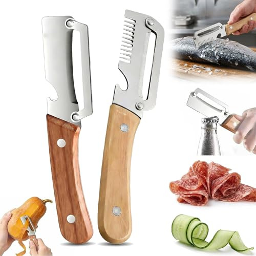 2PCS Multifunktionaler Gemüseschäler, 2 In 1 Sparschäler mit Holzgriff & Flaschenöffner, Ultrascharfer Zero Snag Holzschäler, Obst und Gemüseschäler für Fleisch, Picknick (C)