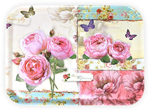 Lashuma Plateau rectangulaire mélaminé Plateau de Service de haute qualité Motif imprimé, Plastique, Rose anglaise., 38 x 26 cm