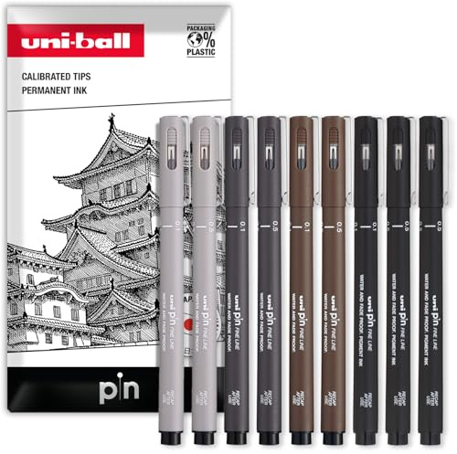Uni Pin Fineliner Set de 9 stylos à dessin - Noir, gris foncé, gris clair et sépia - 0,1/0,5 mm