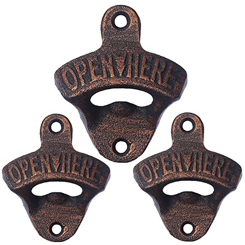 Jumiok Rustic Wall Mounted Soda Bottle Opener Cast Iron Beer Cap Opener Antique Copper for Wooden Cooler Table Post (Pack of 3)