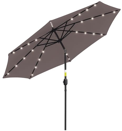Outsunny Sombrilla Terraza Exterior, Ø265 cm, Sombrilla de Jardín con 32 Luces LED Solares, Poste de Acero y Manivela de Parasol Inclinable, para Patio, Terraza, Gris