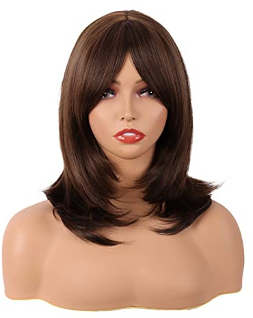 MapofBeauty 18 Pulgadas /45 cm Medio Largo Layered Pelucas Con Flequillo Lacio Sintética Fibras Shoulder Largo Cabello Para Diario Uso (Marrón)