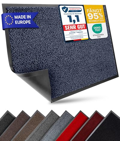 Entrando Fußmatte 120x180 cm – Wetterfeste Schmutzfangmatte für Innen & Außen, rutschfest & flach – Eingangsmatte für Wohnung, Praxis & Büro – Waschbar & geruchslos (Blau Schwarz)
