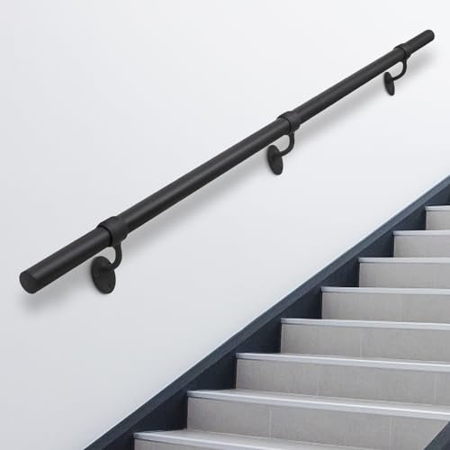 SDNBHT 6.6ft Stair Railing Indoor Metal Hand Rails for Indoor Stairs 1.5 Pipe Stair Handrail Aluminum Wall Mounted Indoor/Outdoor Handrail for Steps Black Industrial Handrail for Stairs