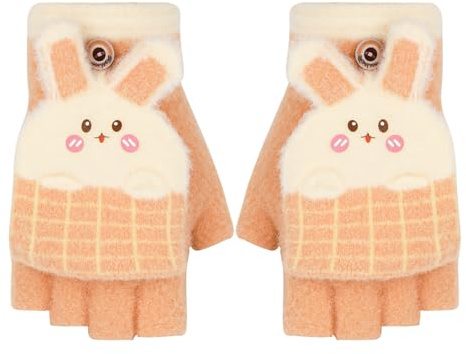 TAGVO Gants sans Doigts d'Hiver Pour Enfants 7 à 13 Ans, Convertibles Gants Demi-Doigt Gants Magiques Chauds en Polaire Douce, Gants à Rabat Tricotés Gants à Double Usage Elastique Pour Fille
