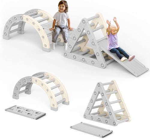 Montessori Klimrek, ensemble de triangle d’escalade d’intérieur, demi-cercle, toboggan en plastique, gymnase d’escalade pour bébés (Version Plastique, beige-gris)