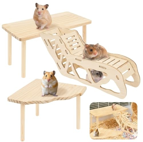 3 Piece Hamster Platform,Wooden Hamster Cage Platform with Climbing Ladder, Versatile Hamsters Shelf Hamsters Accessories Tunnel Shelter for Gerbils, Chinchillas and Other Small Pets