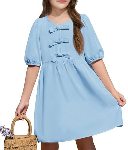 Haloumoning Robe pour fille à manches courtes bouffante - Col rond - Robe décontractée - Robe d'été - Couleur unie - Élégante robe de fête d'anniversaire de mariage