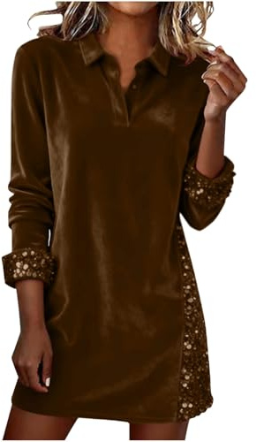 Générique Robe Femme À Manches Longues Col Polo Coupe Droite avec Détails Pailletés sur Les Et Côté en Tissu Doux Café S