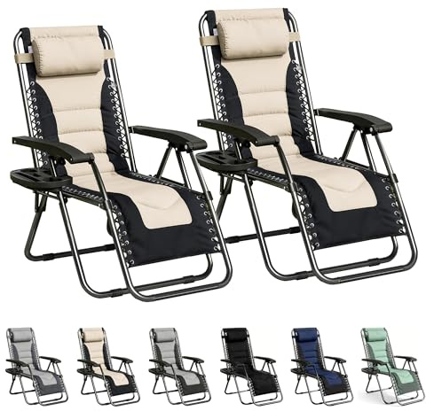 mcc direct Zero Gravity Sun Lounger Chairs Set of 2 – Padded Oxford Fabric Reclining & Folding Outdoor Garden Chairs with Cup Holder and Headrest Pillow – BLACK/CREAM OXFORD