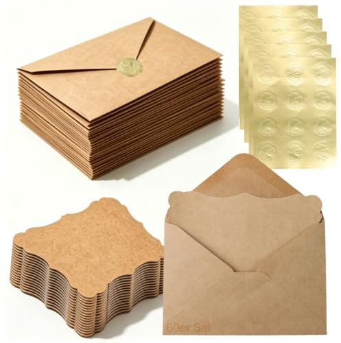 Lot de 60 enveloppes en papier kraft, cartes vierges vintage avec enveloppes et autocollant sceau de cire autocollant, cartes d'invitation de mariage, poche pour carte postale, invitation, carte de
