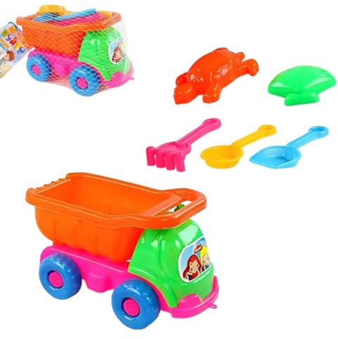 ZORTVUL 6 Pezzi Secchiello Spiaggia Bambini Set Giocattoli Da Spiaggia Con Borsa, Camion, Pala, Stampi Per Sabbia Per Bambini Da 1 Anno In Su, Ideale Per Spiaggia E Esterno (Plastica)