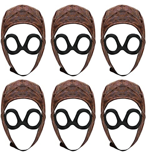 Cappello da aviatore per adulti VE Day, marrone anni '40, effetto pelle invecchiata, con paio di occhiali attaccati, accessorio per costume da pilota della seconda guerra mondiale, confezione da 3