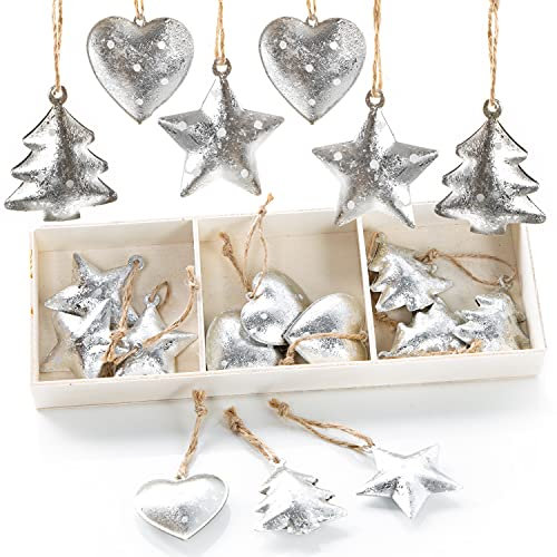 Logbuch-Verlag 18 Silberne Weihnachtsanhänger mit Schnur zum Anhängen an den Weihnachtsbaum weiß gepunktet 4-5 cm Metall