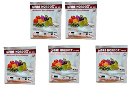 PACK 5 UNIDADES Fungicida cuprico de alta concetracion Nordox 75WG 25g. Accion preventiva. Eficaz contra mildiu. Ideal para huerta, frutales y vid.