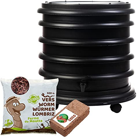 WormBox | Wormery Worm Farm composter 3 Black Trays + 250gr of Compost Worms / 500 ctn + 1 Coco | 48 liters | Organic Waste Compost, make your Worm Castings