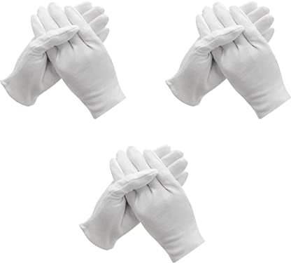 Baumwollhandschuhe, 3 Paar weiße Baumwollhandschuhe, Stoff-Servierhandschuhe für Ekzeme, feuchtigkeitsspendend, trockene Hände, Münzschmuck, Silber, Archiv-Kostüm-Inspektion,groß Größe