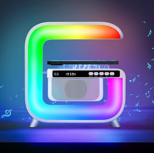 SUNJULY Atmosphärenlampe Mit Kabellosem Ladegerät, Neue Intelligente Lichtwecker Bluetooth Lautsprecher LED Tischlampe, Nachtlicht Lampe Nachttischlampe Musik FM Alarm Clock, USB AUX/TF-Karte (Weiß)