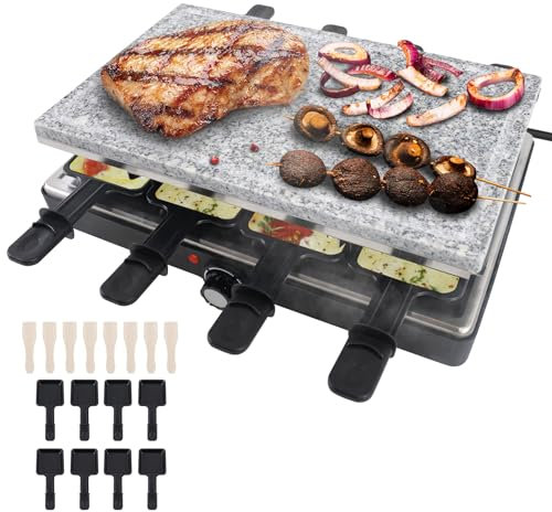 YUENFONG Raclette Grill für 8 Personen, mit Grillplatte & Steinplatte, Elektrogrill Raclette Grill inkl. 8 Pfännchen & Holzspachtel, 1400W, Schwarz