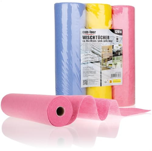 com-four® Toallas para el hogar 120x en Rollo en 3 Colores - Paños de Limpieza Extremadamente absorbentes y duraderos Hechos de Viscosa - Toallitas Multiusos Reutilizables (18x28-120 Piezas - Rollo)