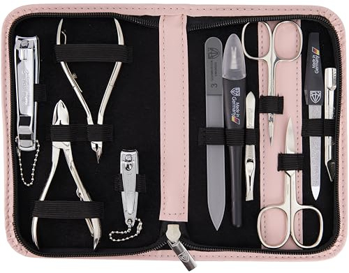 Tre svärden– Tyskland 10 delar Manikyrset Specia | Nagelfodral i rosa konstläder | Innehåll: Nagelsax, hudsax, nageltång, pincett, glasnagelfil och mycket mer