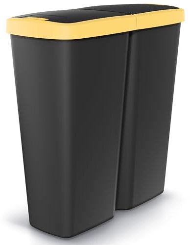 Monzana® Double poubelle cuisine 2x25 litres 2 compartiments couvercle bouton corbeille papier bureau déchets bio tri sélectif recyclage noir-jaune