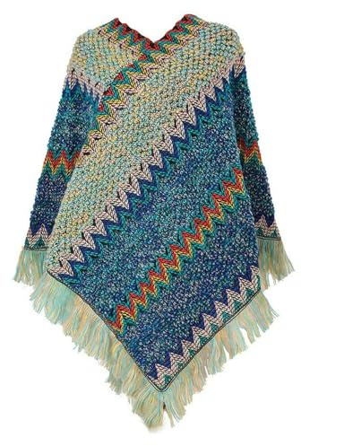 Jdlsppl Poncho para mujer, suéter de punto en zigzag, poncho mexicano para otoño, hippie, suave, con flecos, chal de ganchillo, capa asimétrica