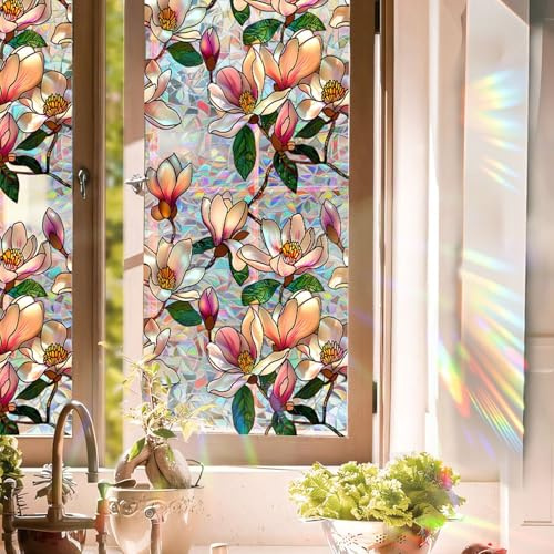 Aomkmi Floral Stained Glass Window Film, Static Cling Rainbow Privacy Film Sun Blocking, Removable Window Films for Bathroom Bedroom Living Room Sunroof, 17 x 78.74 Inch