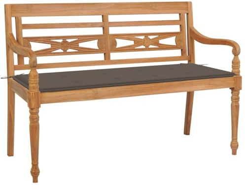 Frdhee Banco de jardín, banco de camping, banco de jardín Batavia con cojín de color topo de 120 cm, madera maciza de teca, banco de cerveza para terrazas, balcón, exterior, resistente