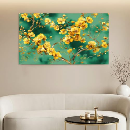 Träram traditionellt kinesiskt canvastryck, affischmålning väggdekoration - blommor plommonträd grenar blad, målning väggdekoration vardagsrum sovrum - 140 x 70 cm