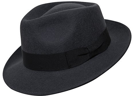 Borges & Scott B&S Premium Doyle - Teardrop Fedora Hut - 100% Wollfilz - perfekt zum Reisen - was-serabweisend - Unisex - 56cm Dunkelgrau