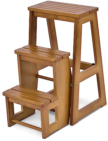 COSTWAY Hopfällbar Trappstege i Massiv Furu, 3 Steg Stegpall och Hushållspall, Ergonomisk Design med Halkskydd och Rundade Kanter, Max 150 kg, 66 cm Hög, Brun/Natur