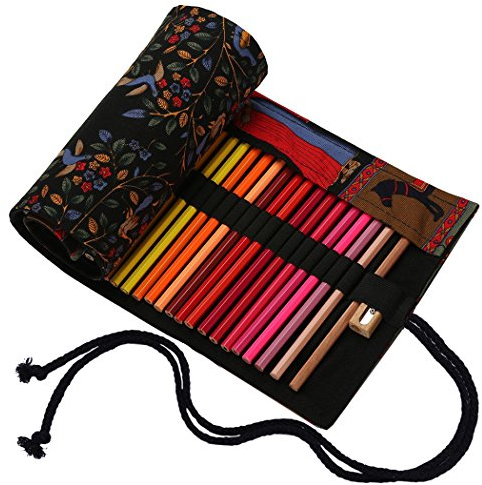 Amoyie Trousse Enroulable pour 48 Crayons de Couleur, Pliable Pochette Crayon, Etui Art, Sac Rangement Tissu, Arbre Noir