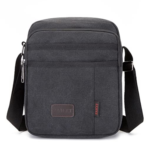Bolso Bandolera de Lona para Hombre, Bolso de Mensajero Vintage con Bolsillos Delanteros Anti-Perdidos para Teléfono Móvil (Negro)