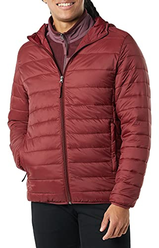 Amazon Essentials Men's Lightweight Water-Resistant Packable Hooded Puffer Jacket, Dark Red, M