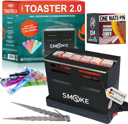 Smoke2u Toaster 2.0 | Allume-charbon électrique 800 W avec système de chaleur à trois côtés, grille de protection, pince, embouts hygiéniques, prêt en 6 minutes - 4 kg de charbon One Nation Shisha