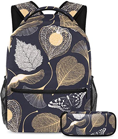 Ginkgo Biloba löv skolväska set för tonårstjejer pojkar barn, student bokväska ryggsäck ryggsäck med pennfodral för primär sekundär junior, mång, Backpack: 11.5x8x16 in; Pencil Case: 7.5x3x1.5in, Set med skolväskor