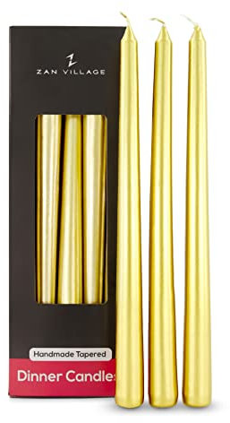 Zan Village Candle Company Taper Dinner Candles, 10 Pack, Long-Lasting 7-Hour Burn Time, Classic Long Venetian Style, Unscented, Dripless Candling, Made in The UK - Gold