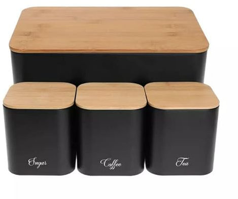 Luckyberg Brot-, Kaffee-, Tee- und Zuckerset mit Deckel, Brotaufbewahrungsbehälter, umweltfreundlicher Deckel, kann als Schneidebrett, (Schwarz)