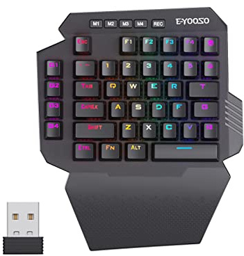 HUO JI Wireless One Handed Mechanical Gaming Keyboard, 6 Onboard Macro Keys, 2.4Ghz and USB-C Wired Dual Mode, RGB Led Backlit Red Switch, Wrist Rest, Durable Battery