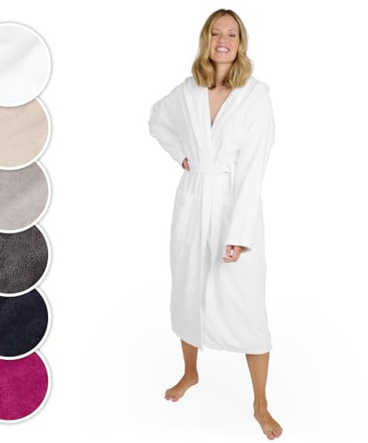 Blumtal Bademantel Damen, kuschelig weicher Bademantel Damen Baumwolle mit gefütterter Kapuze und samtigen Frottee-Velours, Oeko-TEX® Zertifiziert, Größe S, Weiß