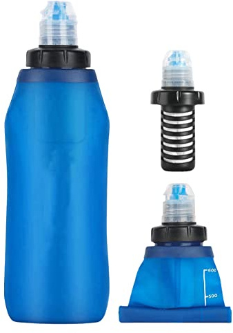 Rehmanniae Gourde Filtrante 600ml Filtre À Eau Portable Pliable Extérieur,Purificateur d'eau De Survie d'urgence,Bouteille d'eau Filtrante De Sport pour Camping, Randonnée - Bleu