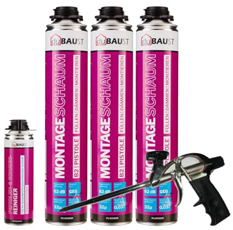 dubaust MSP24 monteringsskum, pistolskum, 750 ml, kombiset, PU fyllningsskum, isoleringsskum, hög ljudisolering, värmeisolerande B2 (med rengöringsmedel PRS24 500 ml skumpistol professionell teflon, 3