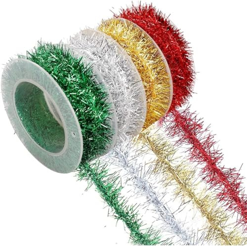 Christmas Thin Tinsel - 4 Color Mini Tinsel Garland for Christmas Tree Decorations Xmas Glitter Ribbon for Holiday Present Wrapping Decoration DIY Craft Supplies 20FT