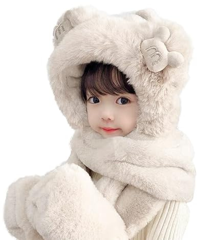 3 in 1 Kids Faux Fur Hooded Scarf and Gloves Set Boys Girls Winter Warm Plush Hoodie Hat Full Hood Cap Thermal Trapper Earflaps Hat Thermal Beanie Hat Neck Warmer Long Scarfs Pocket Mittens Age 2-7