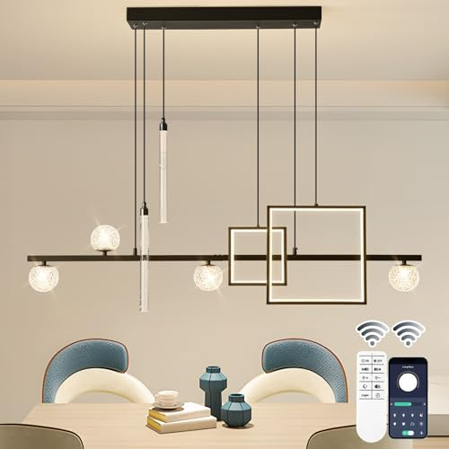 ORANOOR Modern LED Pendant Lights, 47in Dimmable Linear LED Chandelier Lighting, Square Black & Gold Dining Room Hanging Light Fixtures Kitchen Island Globe Pendant Light for Dining Table (4200lm)